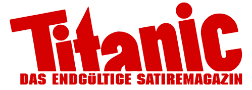 Logo des Titanic-Magazins: Untergehender Schriftzug "Titanic" - Untertitel: Das endgültige Satiremagazin